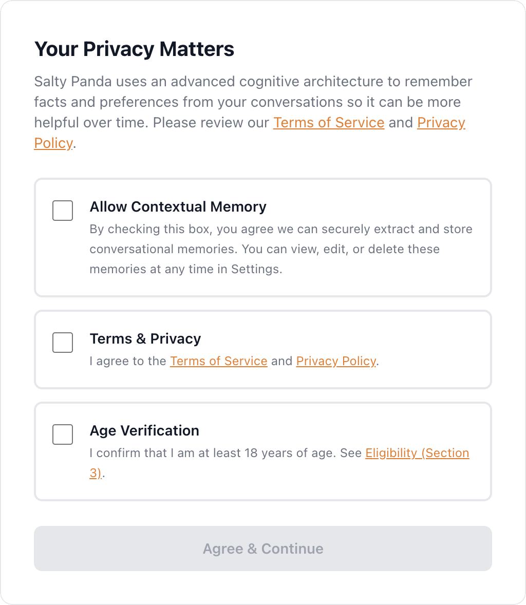 Onboarding consent checkboxes for Terms and Privacy