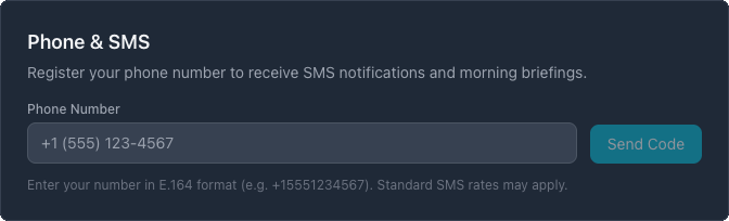 Phone registration screen in Settings showing consent disclosure