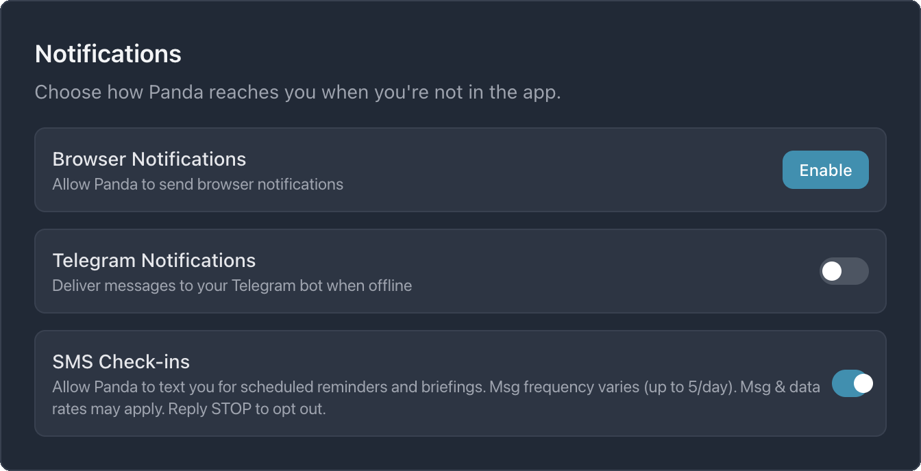SMS Check-ins toggle in notification settings