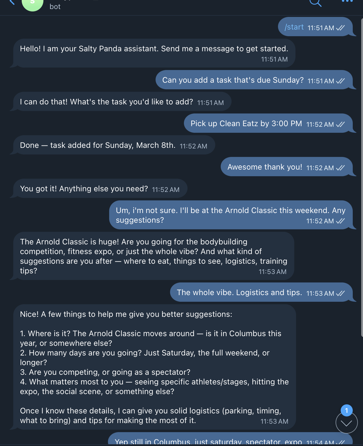 Sample Telegram conversation with Salty Panda bot
