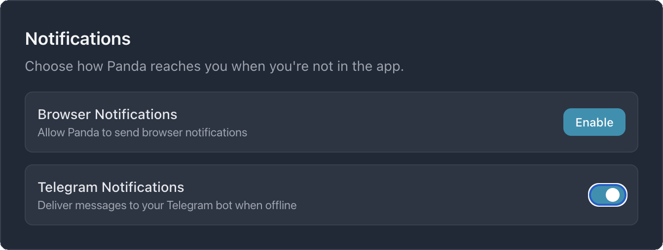 Telegram bot connection in Settings